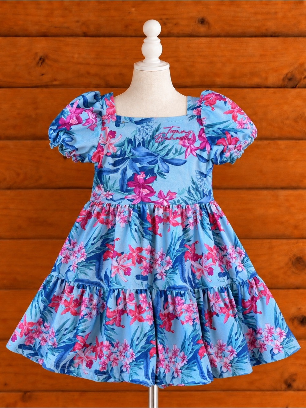 Tommy Bahama Girls Boho Blue&Pink Floral Puff-Sleeve Tiered Dress 3T